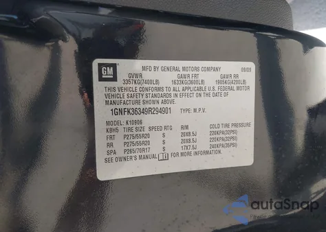 2009 Chevrolet Suburban 1500 Ltz from USA, damaged, VIN 1GNFK36349R294901